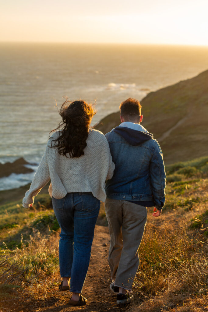 Adventure engagement session with cute couple during golden hour in Marin California. 