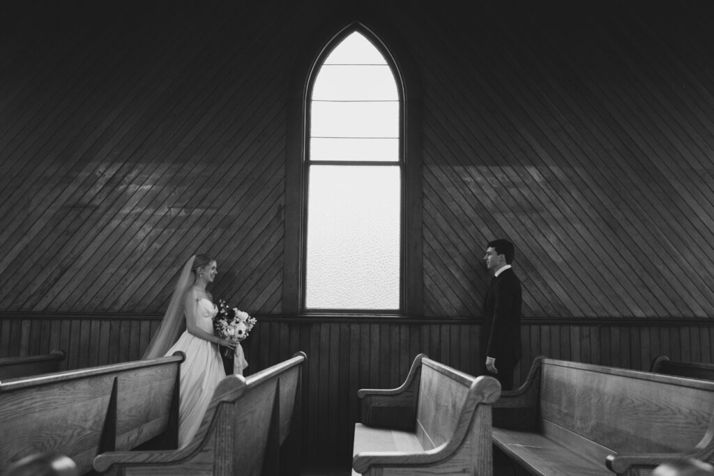 Bride and groom photos at Old St. Hilary's chapel. 