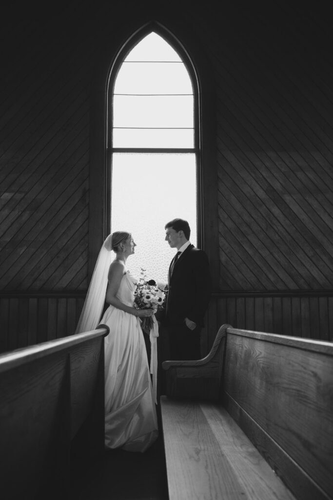 Bride and groom portrait in chapel, Bay Area wedding photographer Rose Freedman