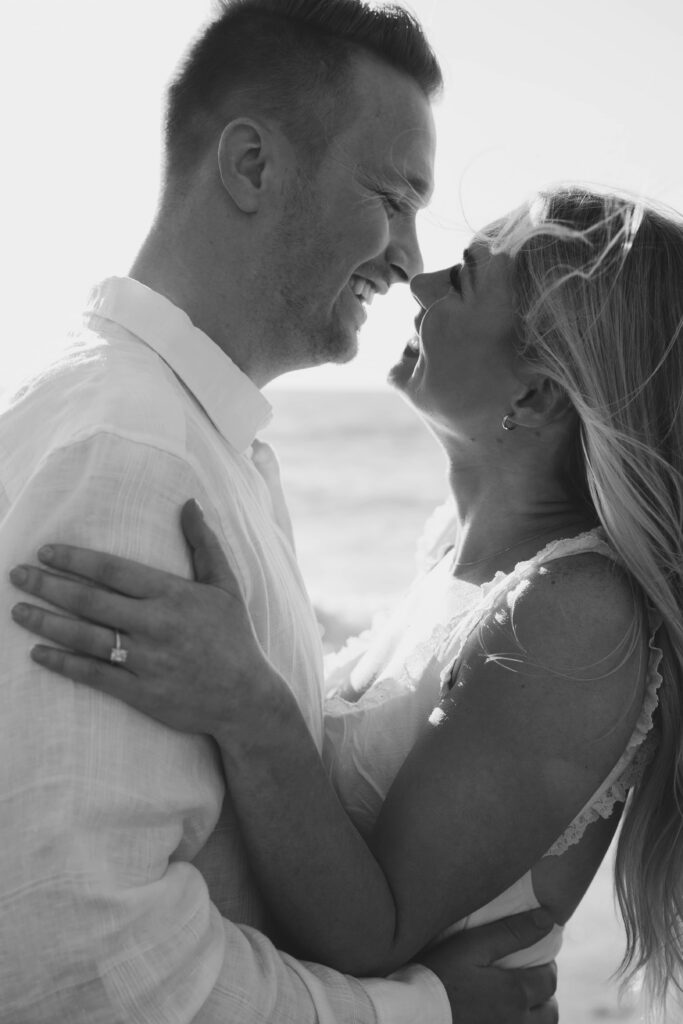 Intimate black and white engagement portrait at Muir Beach, Bay Area wedding photographer