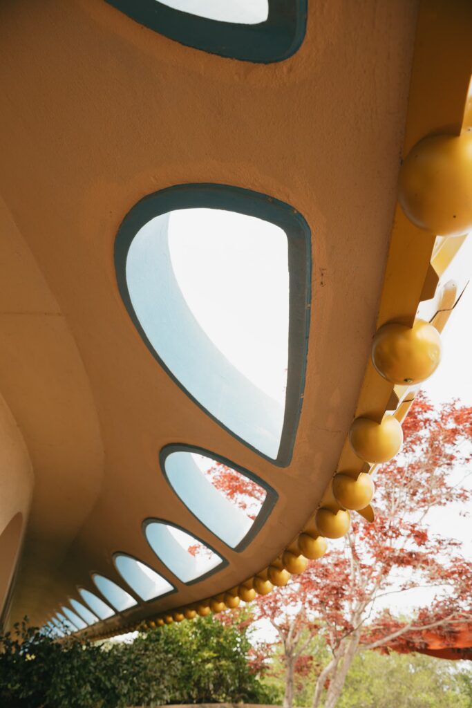 Frank Lloyd Wright Marin County Civic Center architectural detail with gold orbs and organic windows, Marin wedding venue