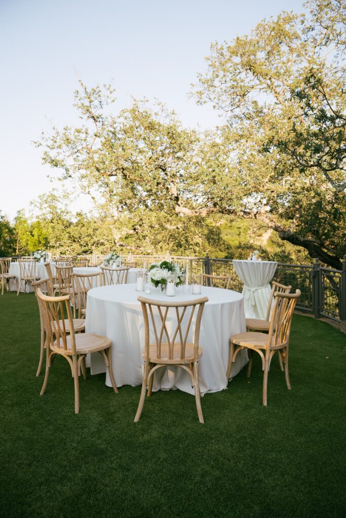 Outdoor garden tables under trees at Los Gatos private estate engagement party, Rose Freedman Photography