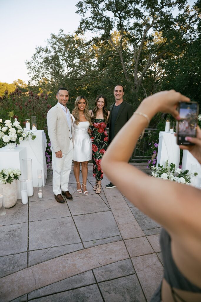 Engaged couple with guests at Los Gatos private estate engagement party, Bay Area engagement party photographer Rose Freedman