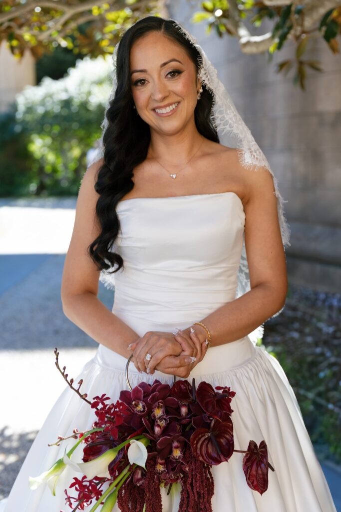 Bride portrait with burgundy cascading bouquet at Palace of Fine Arts San Francisco, San Francisco wedding photographer Rose Freedman
