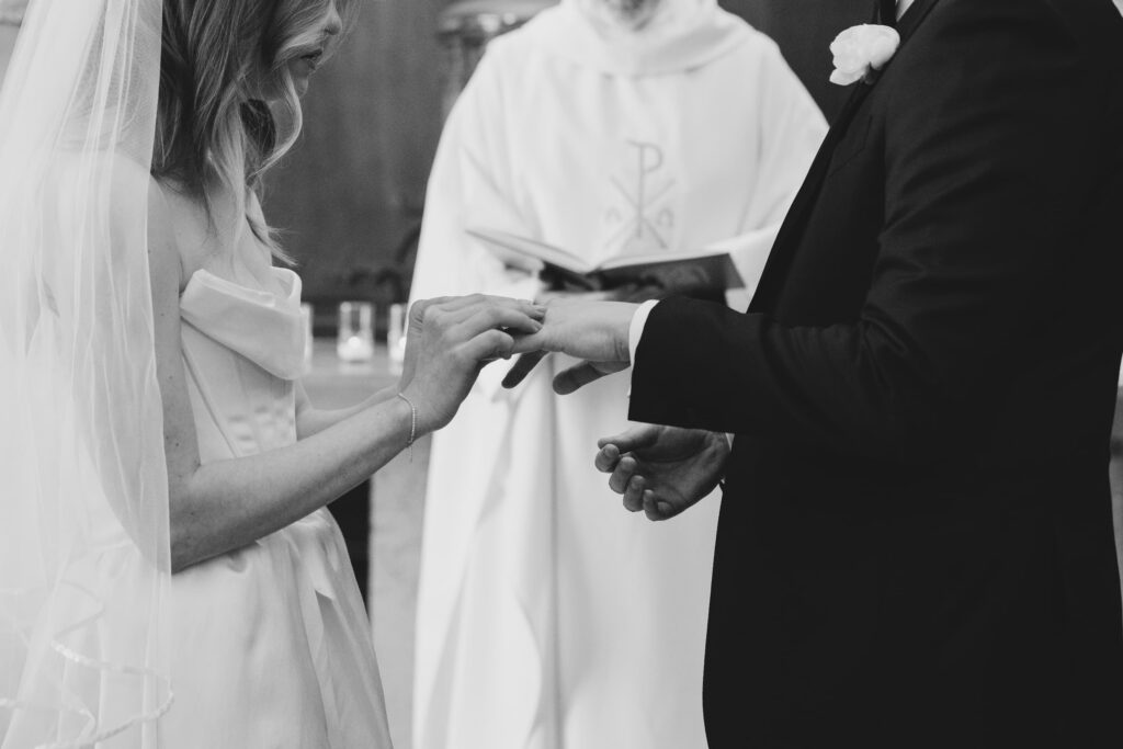 Wedding ring exchange close-up at Catholic ceremony San Francisco, Rose Freedman Photography