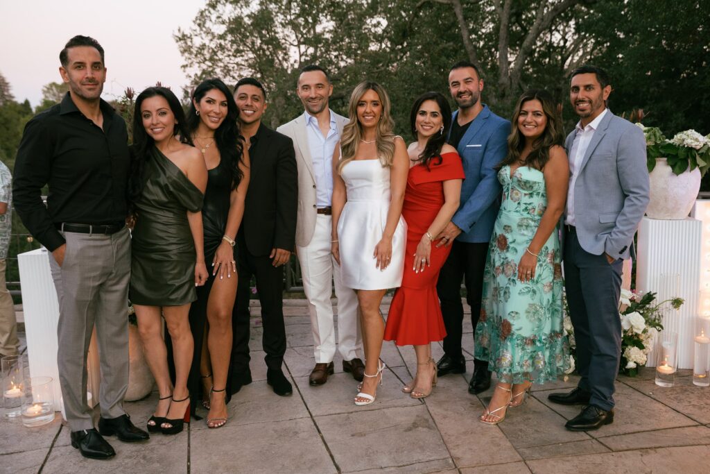 Group photo of friends at Los Gatos private estate engagement party at golden hour, Rose Freedman Photography
