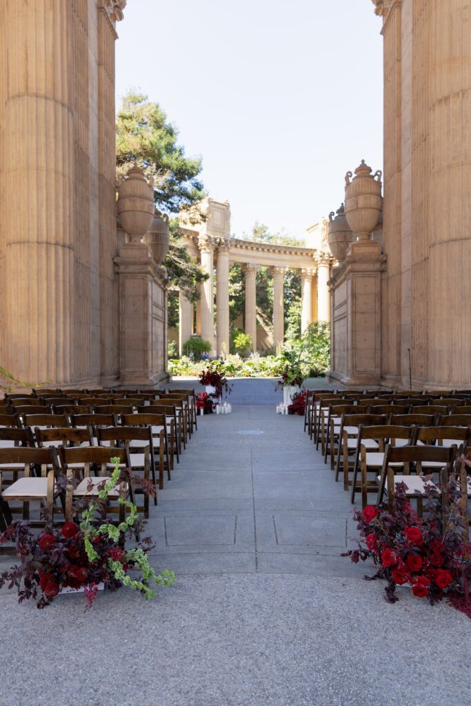 Wedding ceremony aisle at Palace of Fine Arts colonnade San Francisco, San Francisco wedding photographer Rose Freedman