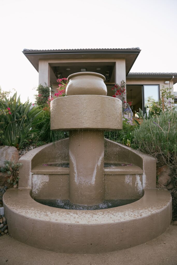 Los Gatos private estate exterior with fountain, Bay Area engagement party photographer Rose Freedman