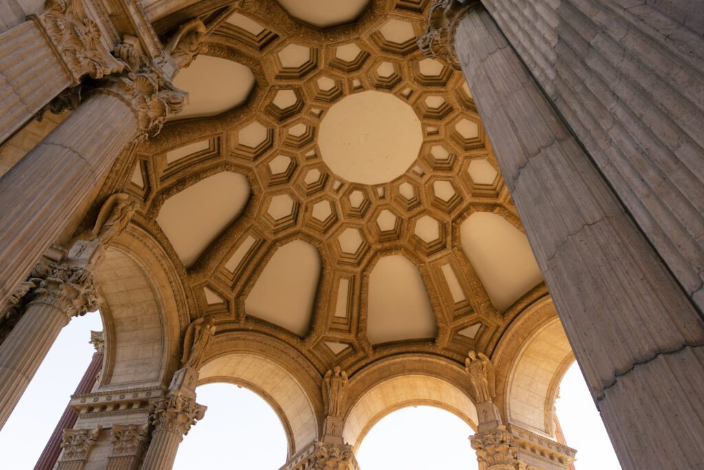 Palace of Fine Arts rotunda ornate ceiling architecture detail, San Francisco wedding venue