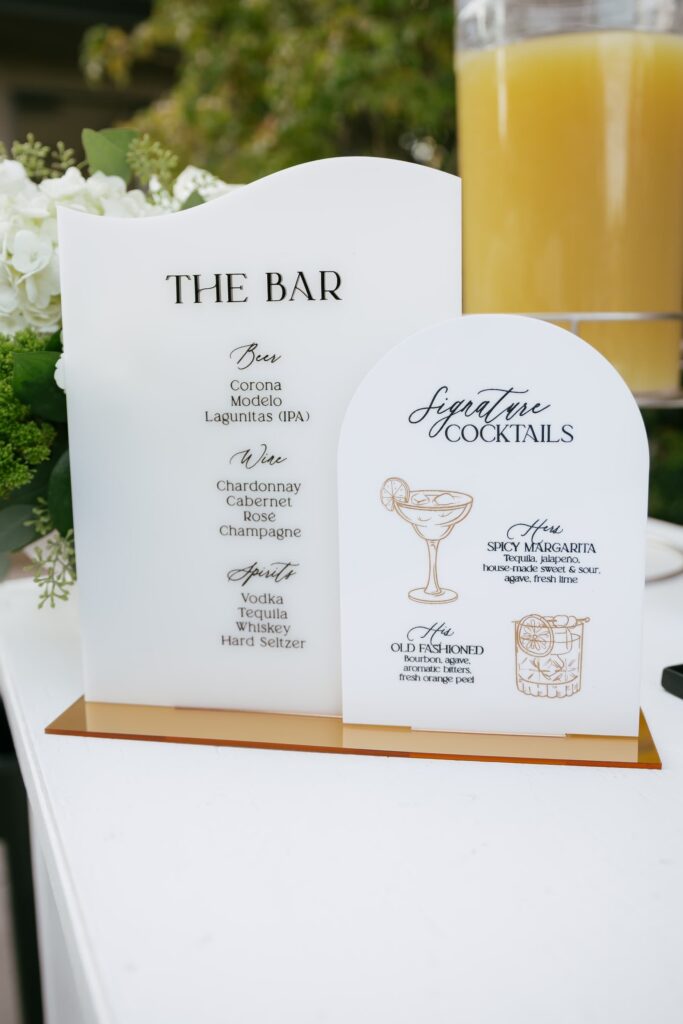 Custom bar menu with signature cocktails at Los Gatos engagement party, Bay Area engagement party photographer Rose Freedman