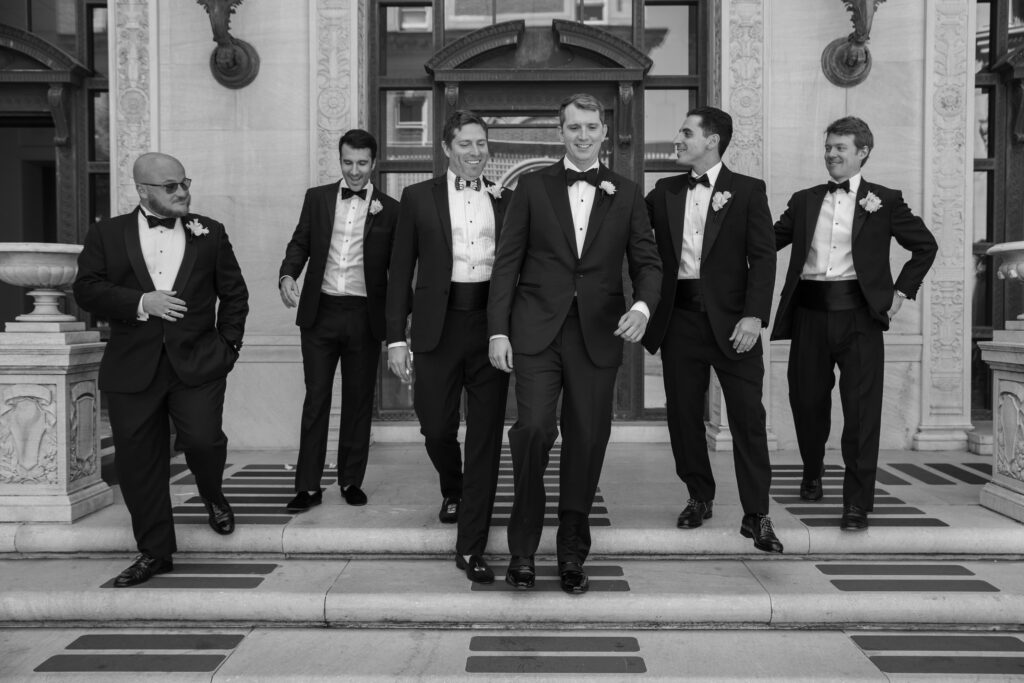 Groomsmen in black tuxedos at Flood Mansion San Francisco, San Francisco wedding photographer Rose Freedman