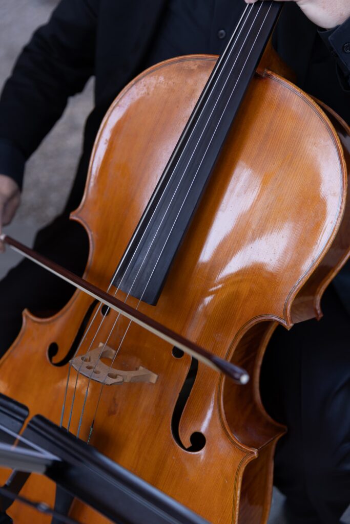 Cellist performing at Palace of Fine Arts wedding ceremony San Francisco, Rose Freedman Photography