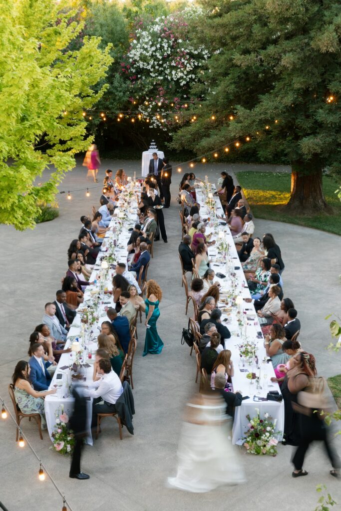 Aerial view of outdoor feasting table with string lights at Park Winters wedding reception, Park Winters wedding photographer Rose Freedman