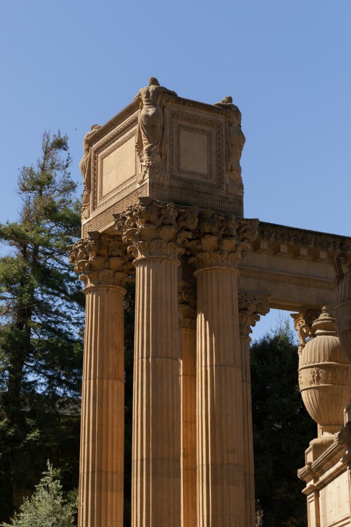 Palace of Fine Arts Corinthian columns against blue sky San Francisco, San Francisco wedding photographer Rose Freedman