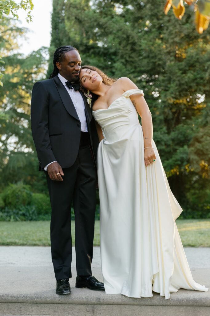 Bride and groom golden hour portrait in Park Winters garden, Park Winters wedding photographer Rose Freedman
