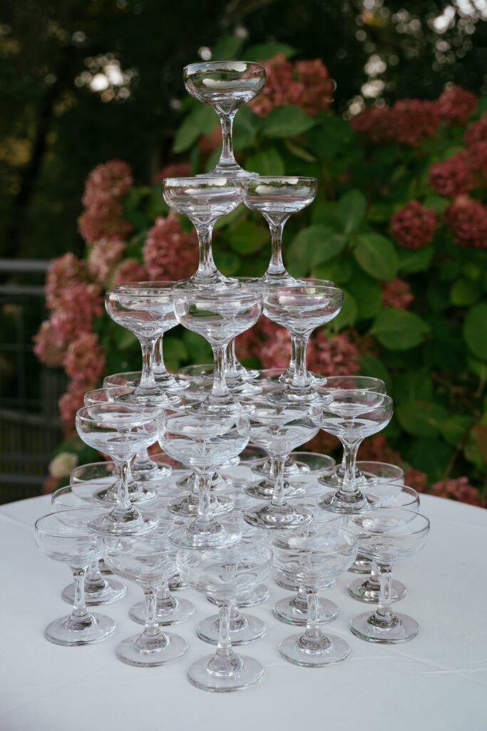 Champagne coupe tower at Los Gatos private estate engagement party, Bay Area engagement party photographer Rose Freedman