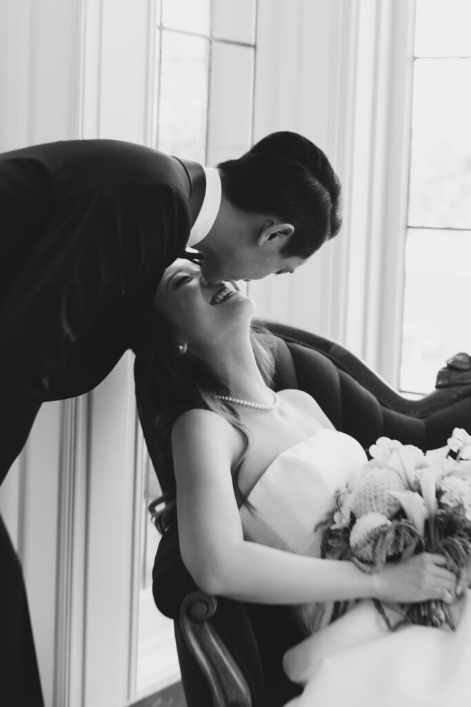 Romantic bride and groom portrait at Kohl Mansion Burlingame, Peninsula wedding photographer Rose Freedman