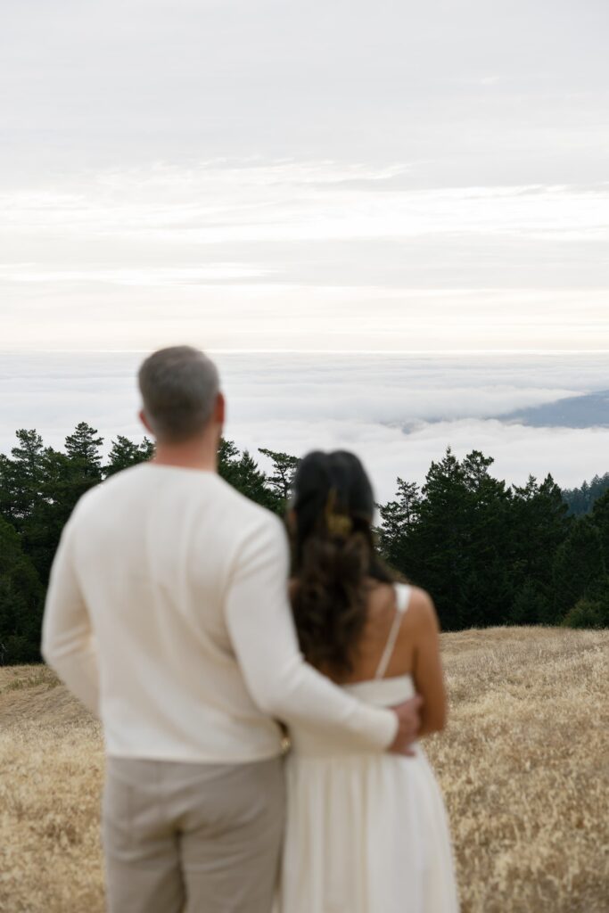 Couple from behind on Mount Tamalpais overlooking fog and trees, Bay Area engagement photographer Rose Freedman