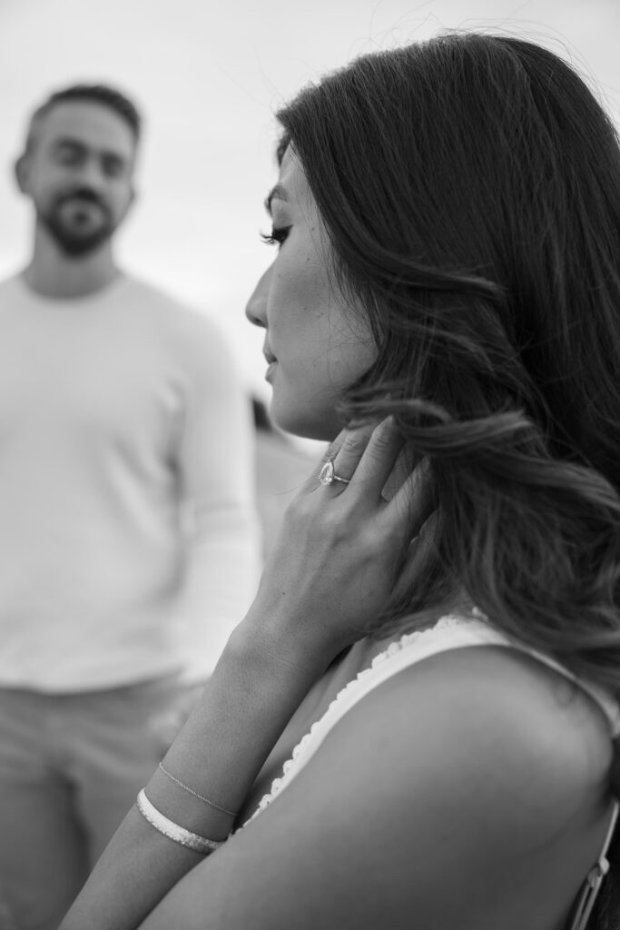 Black and white bride portrait with engagement ring at Mount Tamalpais, Bay Area engagement photographer Rose Freedman