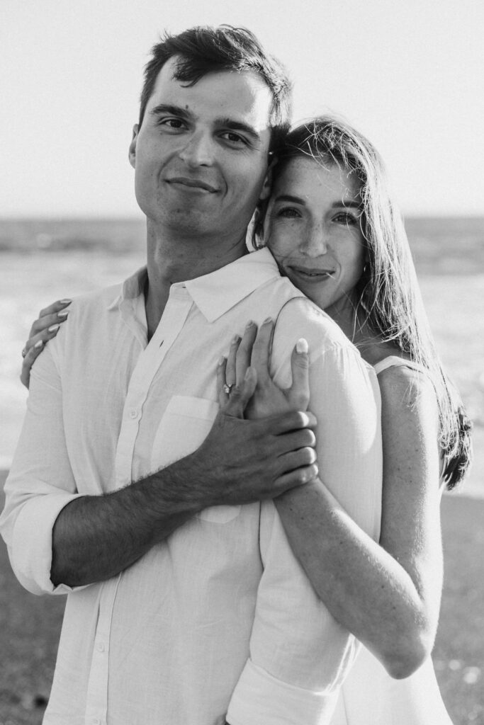 Black and white beach engagement portrait, Bay Area engagement photographer Rose Freedman
