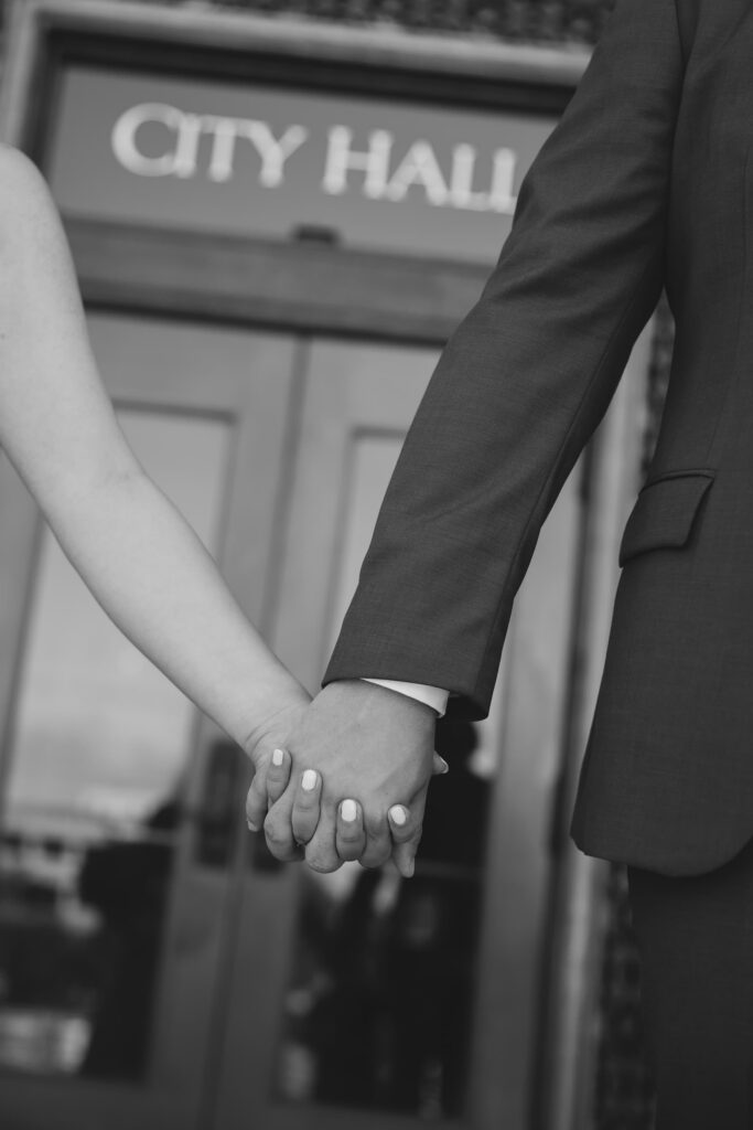 Close up of bride and groom holding hands San Francisco City Hall elopement, Rose Freedman Photography