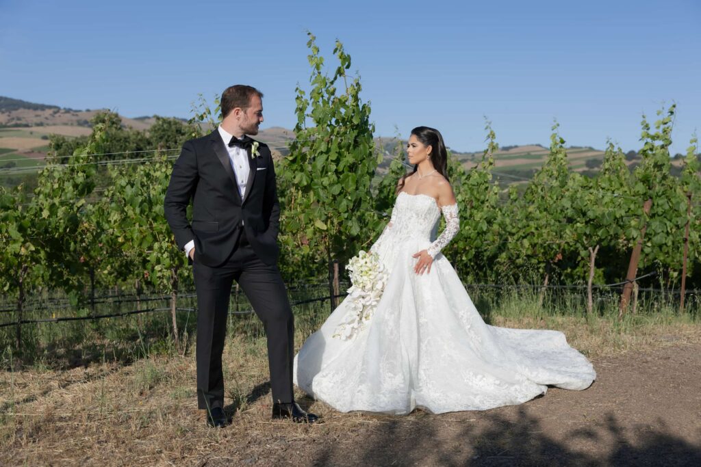 Bride and groom portrait in Napa Valley vineyard, California wedding photographer Rose Freedman