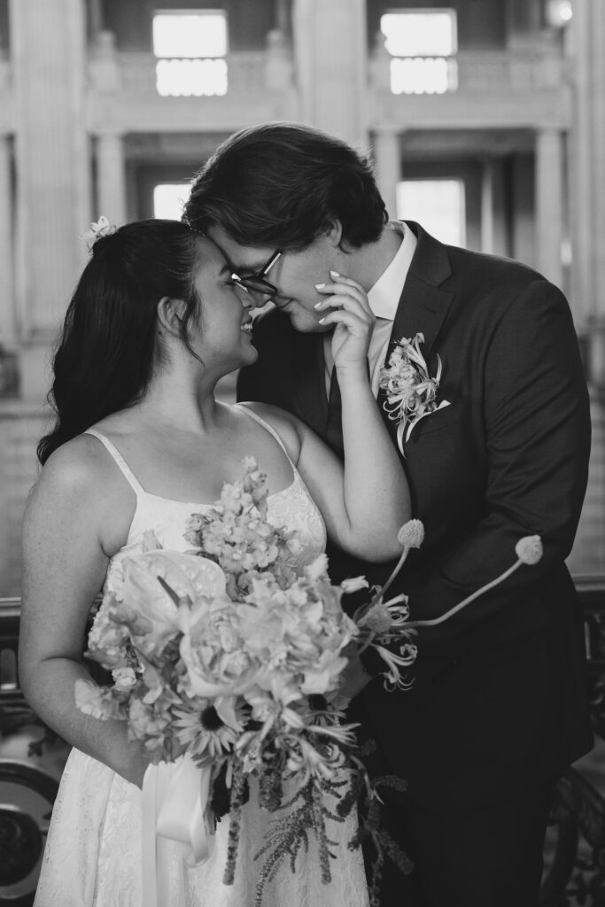 Couple touching foreheads San Francisco City Hall elopement, Rose Freedman Photography