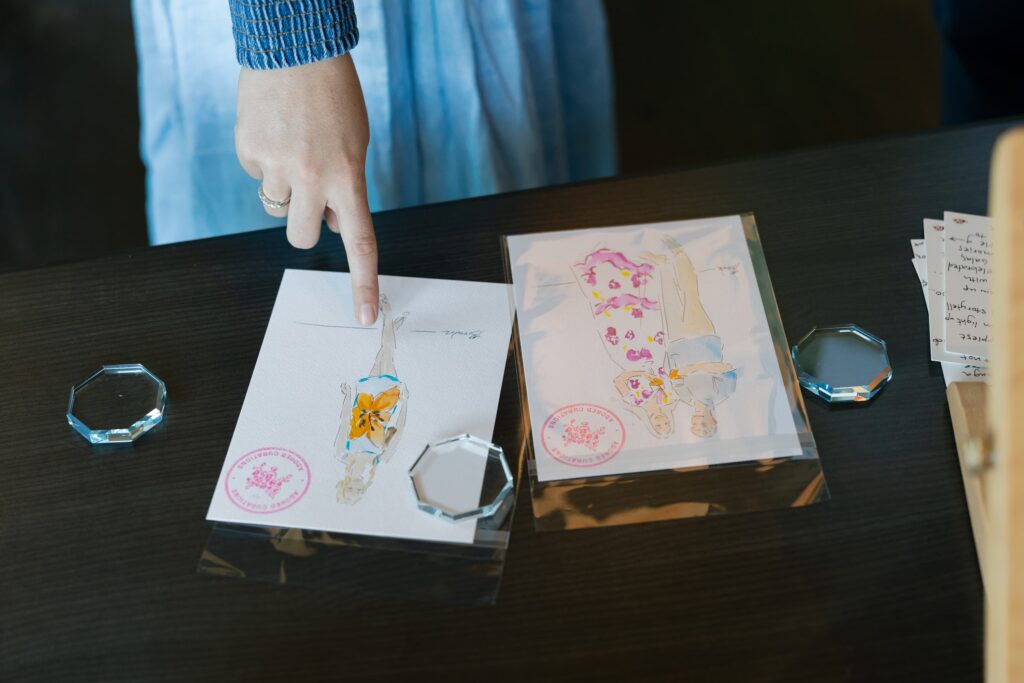 Live illustrations by The Guest Illustrator displayed at Adored Creations launch party San Francisco, Rose Freedman Photography