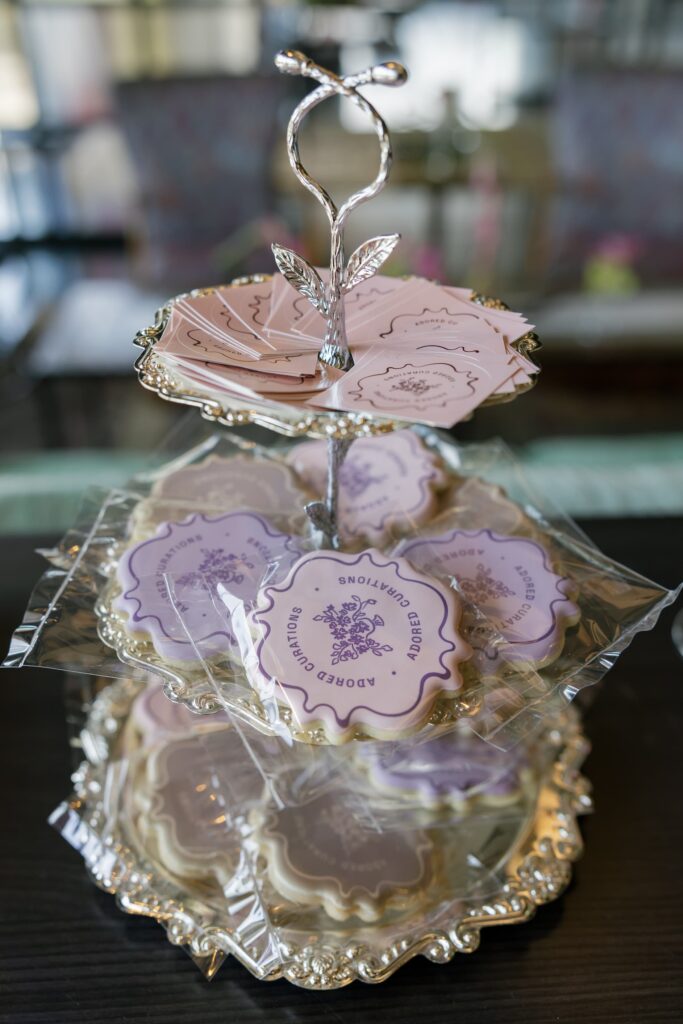 Adored Curations branded cookies on silver tiered stand launch party San Francisco, Rose Freedman Photography