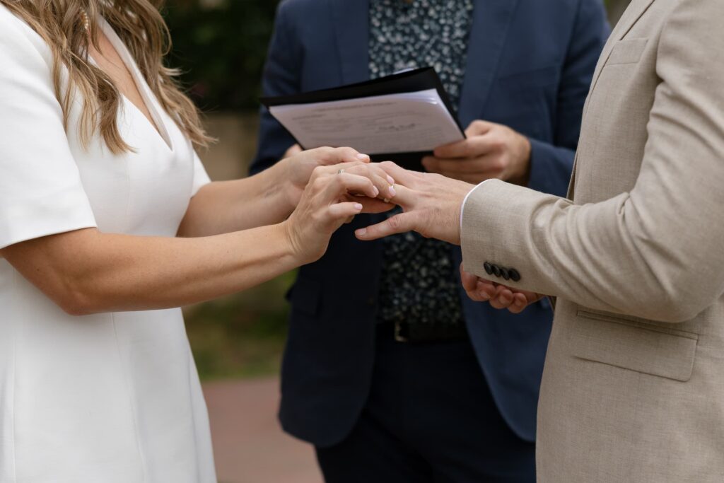 Ring exchange during Marin Civic Center elopement ceremony, Rose Freedman Photography